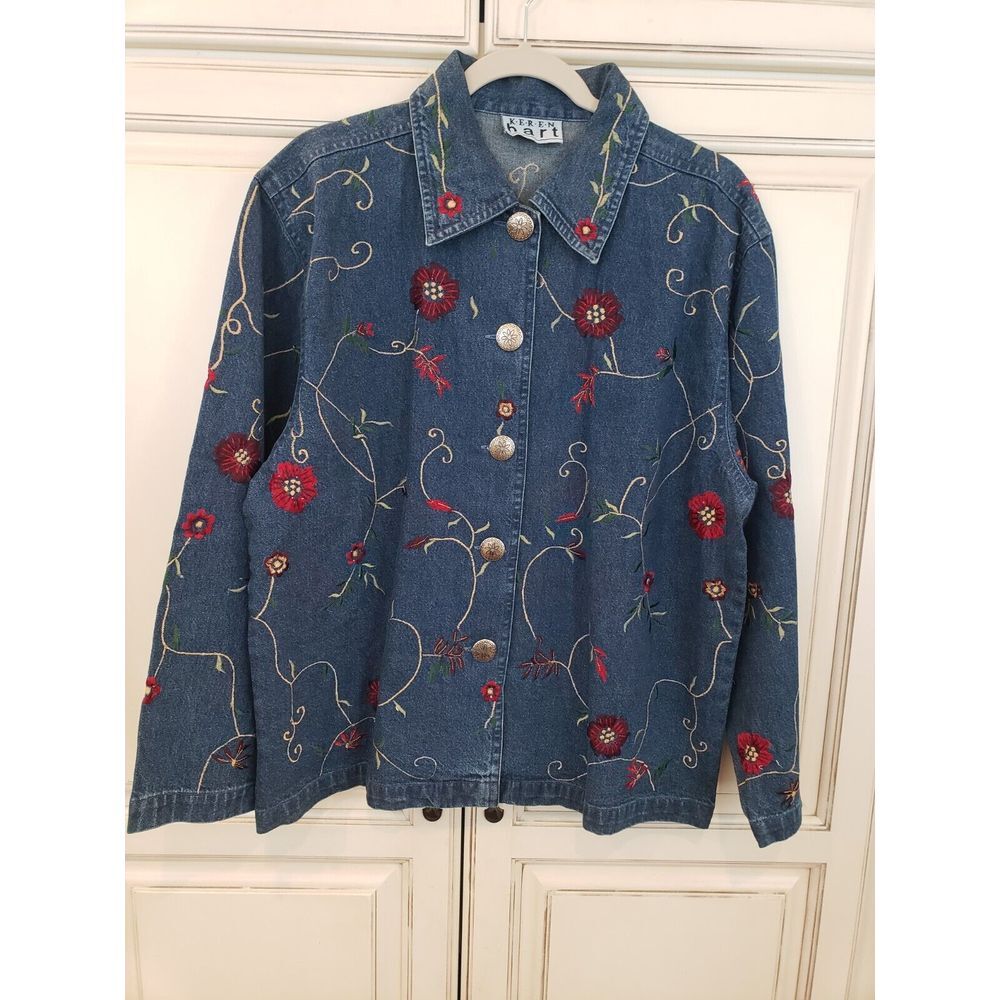 Karen Hart Denim Button Up Shirt Floral Embroidered Sz Med Lg? Shacket